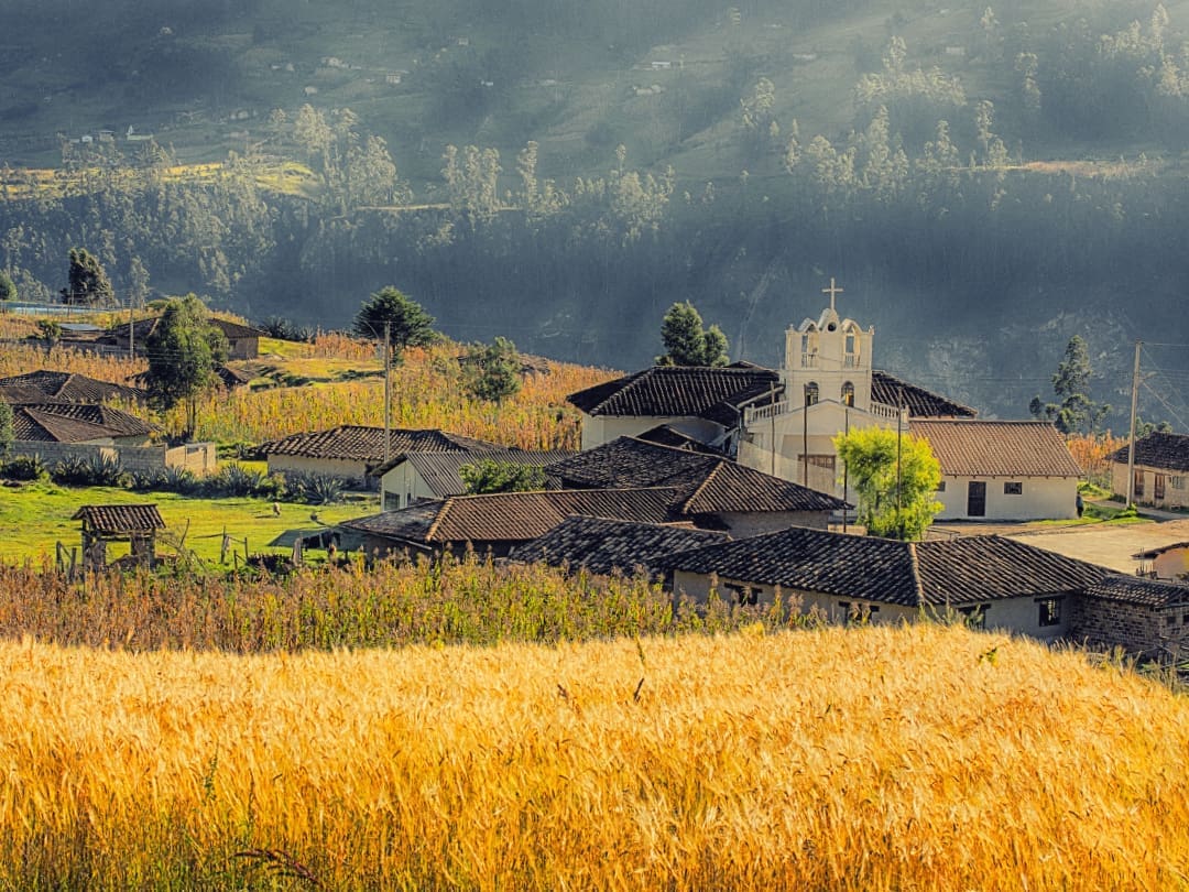 Gera La pequeña aldea de Gera rodeada de campos de trigo dorado.
