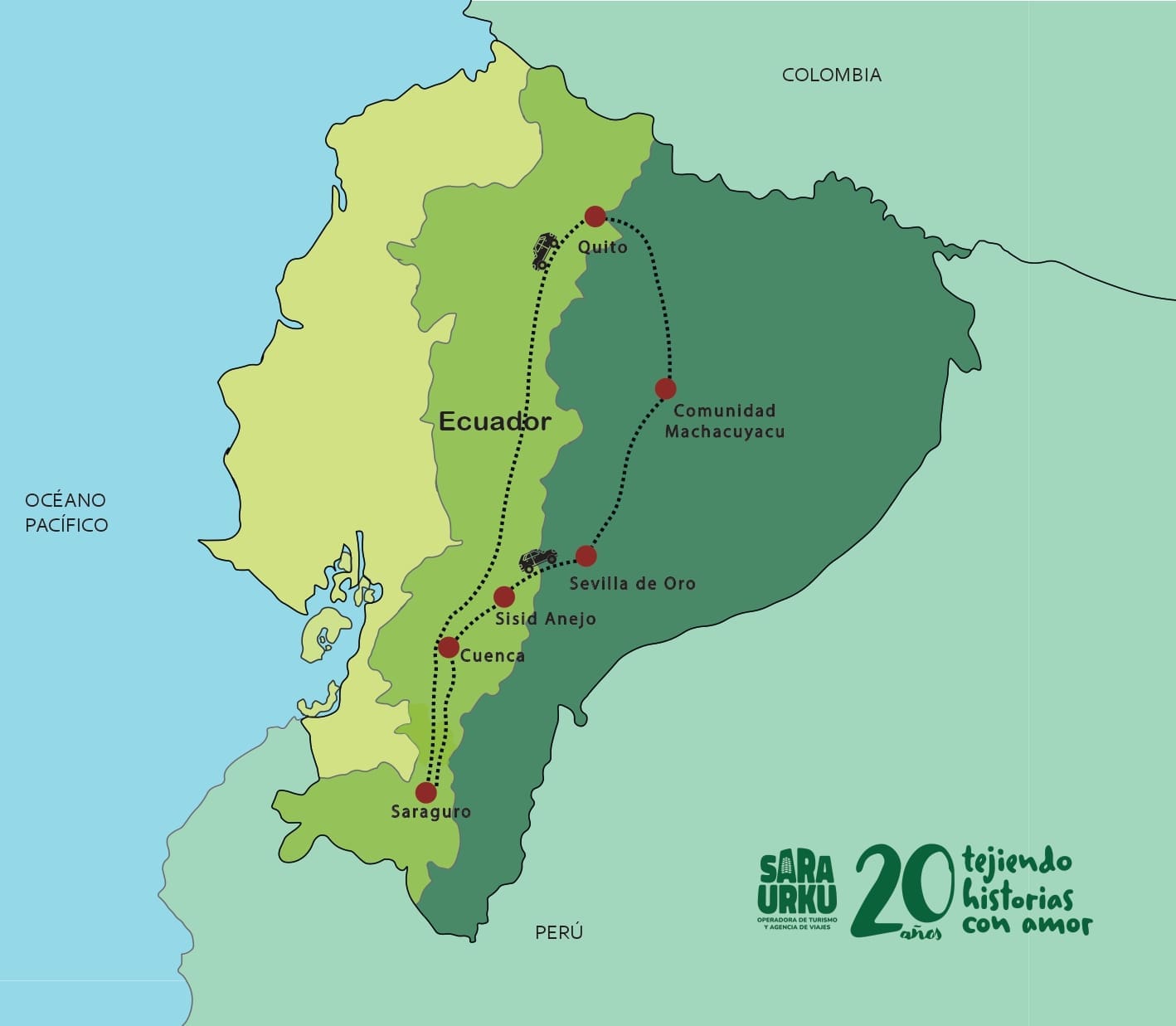 Tour de los Andes y la Amazonia en Ecuador Un mapa de Ecuador mostrando los lugares del tour Explorando Ecuador: Entre Los Andes y La Amazonia