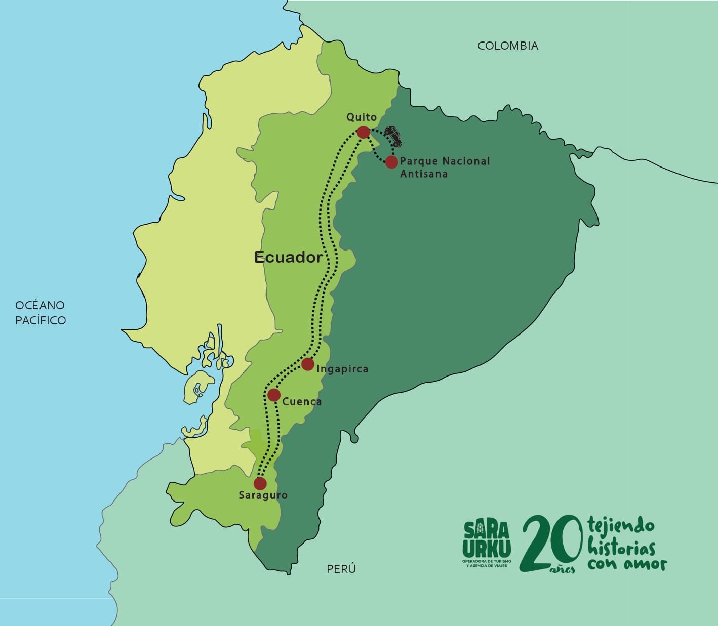 Ecuador Andino: Conexión Cultural de Norte a Sur Un mapa de Ecuador mostrando los lugares del tour Ecuador Andino: Conexión Cultural de Norte a Sur