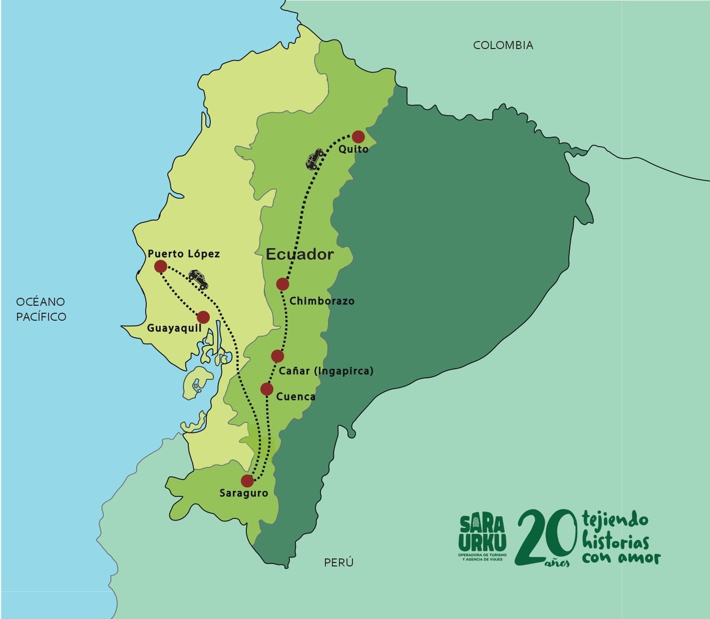 Vive Ecuador: Entre Mar y Montañas Un mapa de Ecuador mostrando los lugares del tour Vive Ecuador: Entre Mar y Montañas