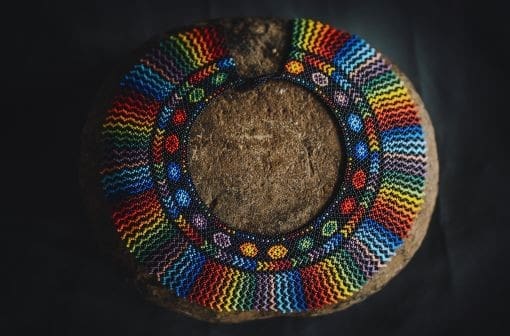 "Traditional Andean multicolored fabric of the typical dress of Saraguro women"