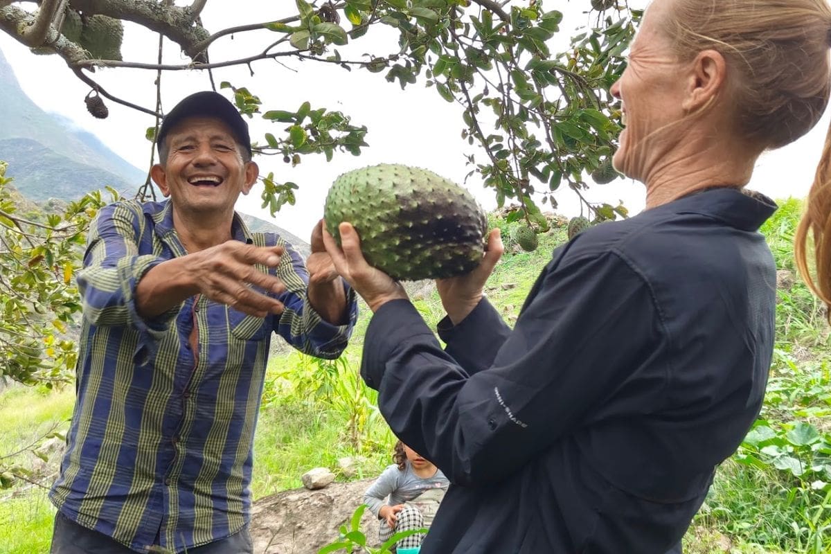 "Don Leonídas, anfitrión de la ruta agroturística en Saraguro, ofreciendo frutas tropicales de su huerta a turista"